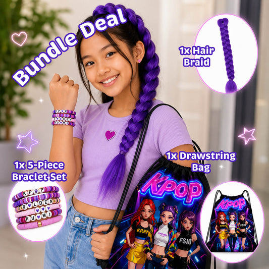 KPOP Gift Bundle Set - Drawstring Bag, Purple Hair Braid & 5pc Bracelet Set