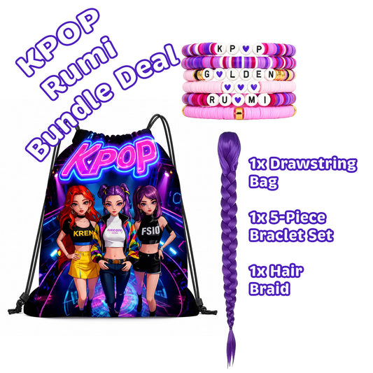 KPOP Gift Bundle Set - Drawstring Bag, Purple Hair Braid & 5pc Bracelet Set